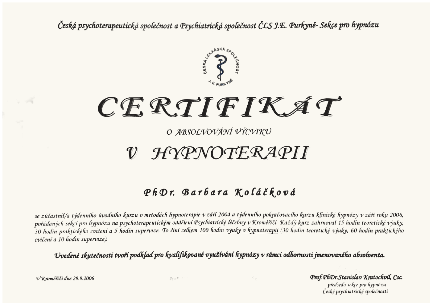Certifikát – hypnoterapie